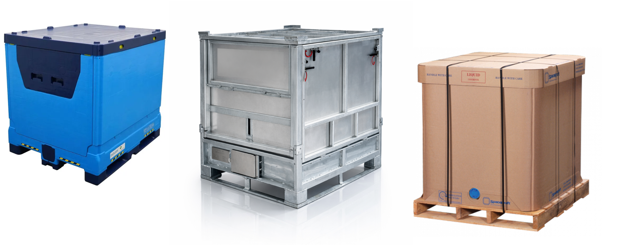 Examples of plastic, metal and cardboard IBC containers